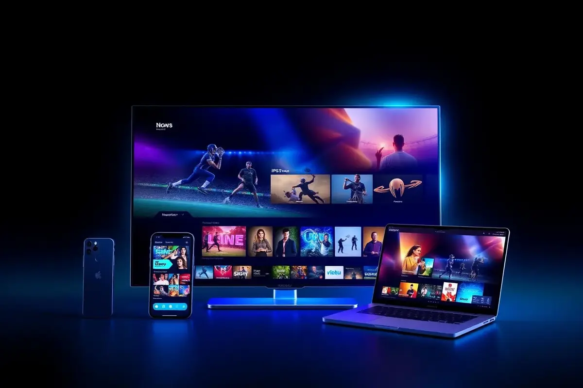 IPTV quatro telas exibido em Smart TV, notebook, tablet e smartphone com filmes, séries e futebol ao vivo